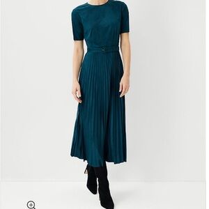 CLOSET CLOSING Ann Taylor | Faux Suede Pleated Midi Flare Dress | Ominous Teal